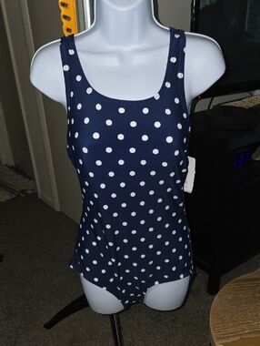 NWT Lands' End Navy and White Polka Dot One-Piece